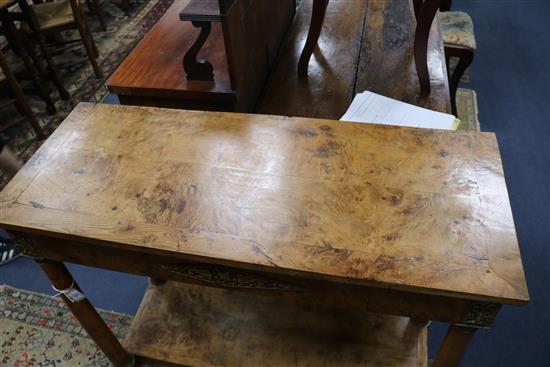 A 19th century burr elm console table with brass mounts W.113cm.